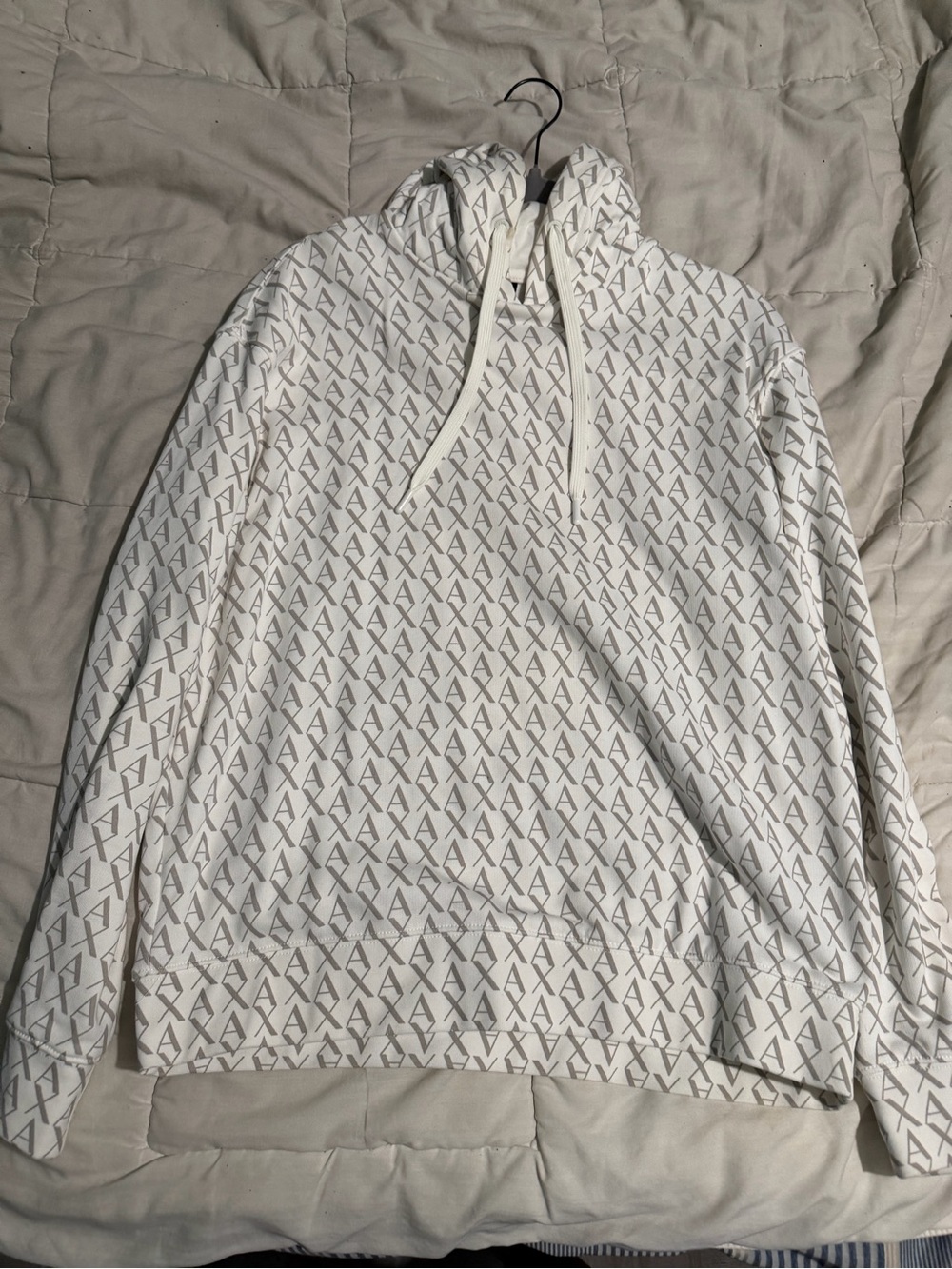 Armani Exchange White Crewneck Hoodie with All-Over AX Monogram